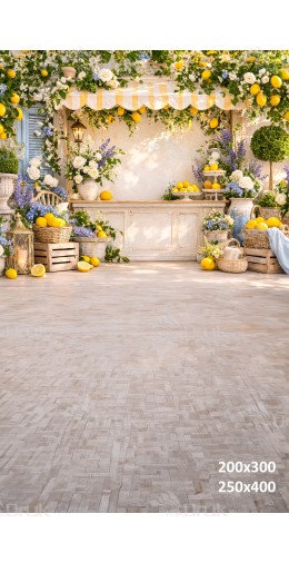 Tło fotograficzne „Cytrynowy ogród z kwiatami i rustykalnym straganem” | 4029